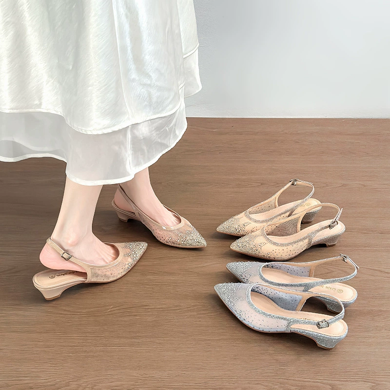 Mesh cristal fermé orteil sandales femmes, scintillant wedge talon dos nu été chaussures · MOHE China shoe factory