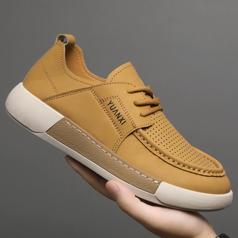 Men's Leather Shoes Perforated Breathable Leather Loafers Vintage Fisherman Shoes Soft Sole Casual