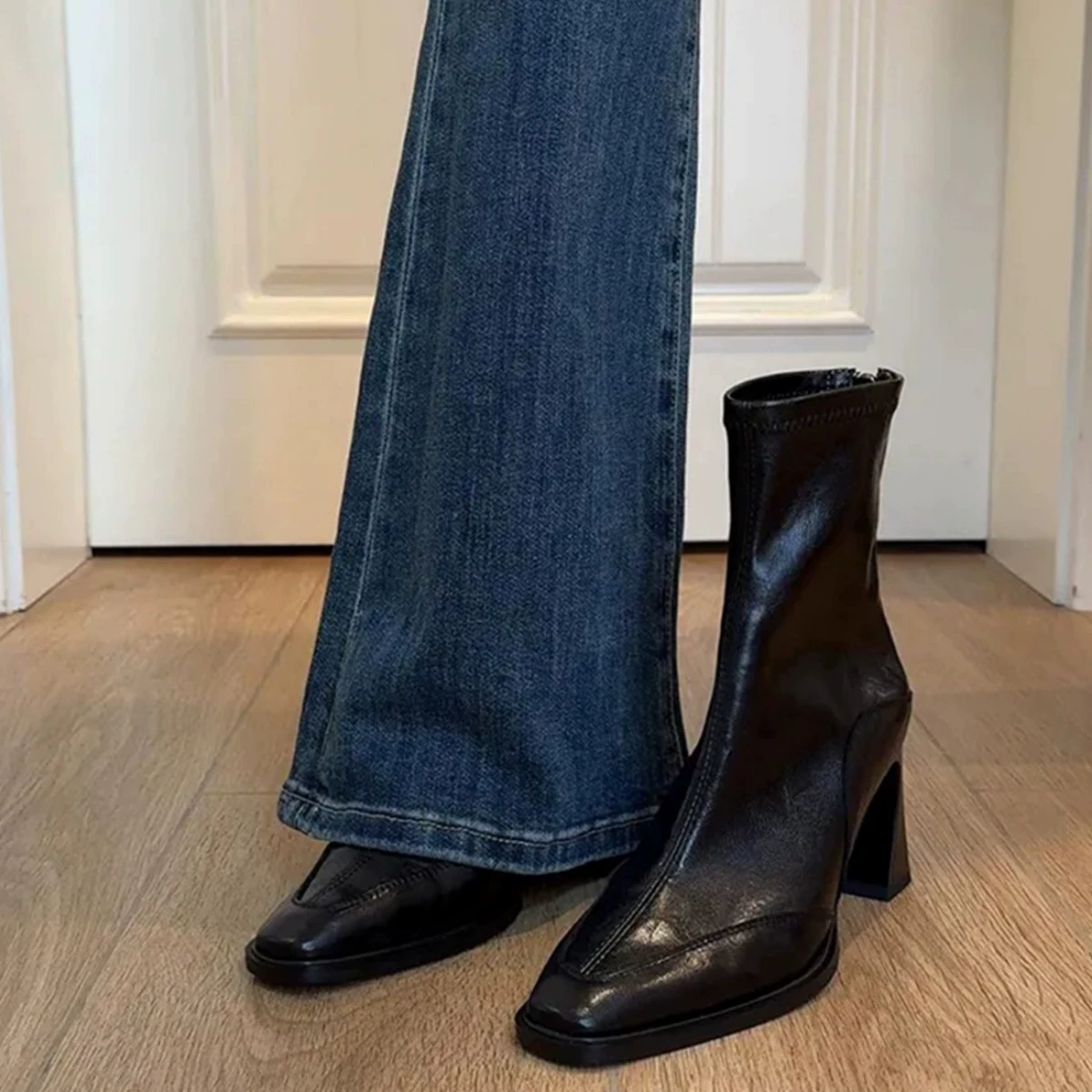 Korean High Heel Square Toe Slim Fit Short Boots for Women, Chunky Heel Vintage Martin Boots, British Style Short Boots