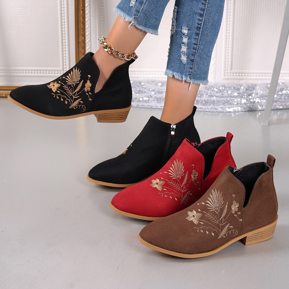 Women's Embroidered Western Ankle Boots · YANYAN China shoe factory