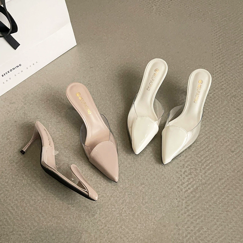 Slides de Salto Stiletto Bico Fino Transparente Coração Primavera para Mulheres