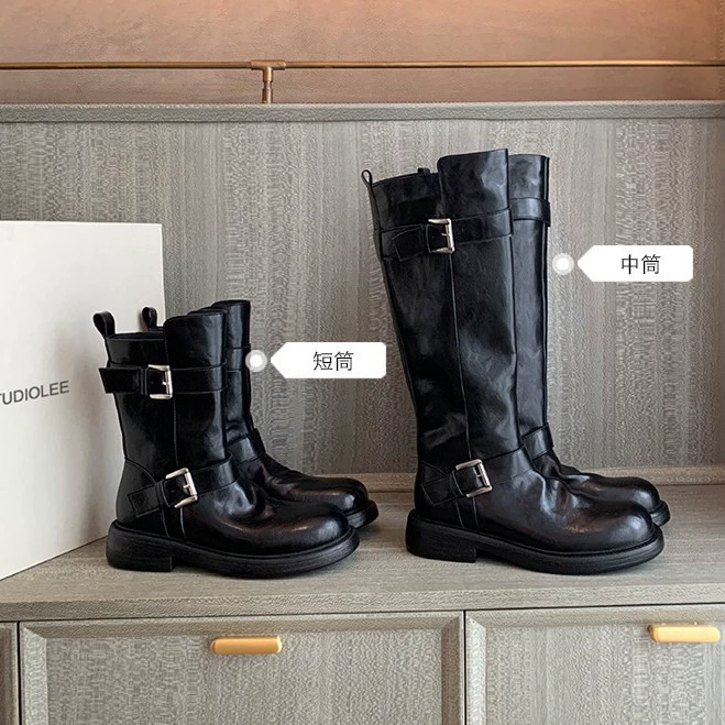 New 4cm Heel Soft Leather Short Boots with Double Buckle Strap Side Zipper Chunky Riding Boots for Women