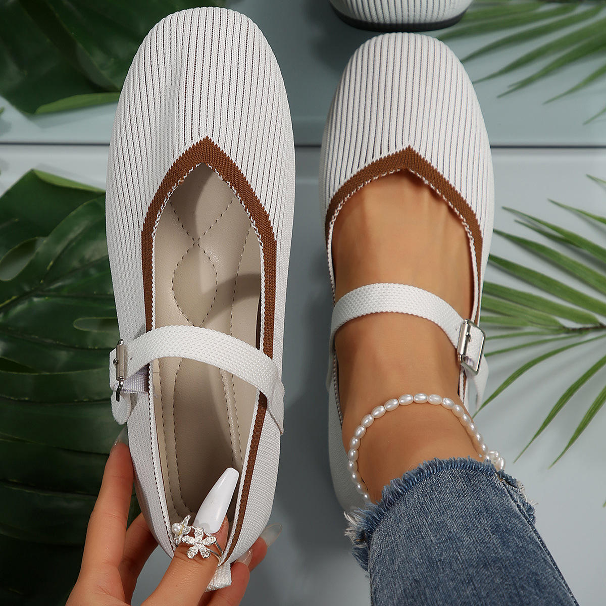 Women's Knit Square-Toe Mary Jane Flats · YANYAN China shoe factory