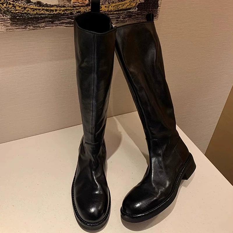 Neu Inside Out gewaschenes Pferdeleder Blockabsatz-Plattform-High-Top-Stiefel, Seitenreißverschluss einfache schmale Reitstiefel Damen
