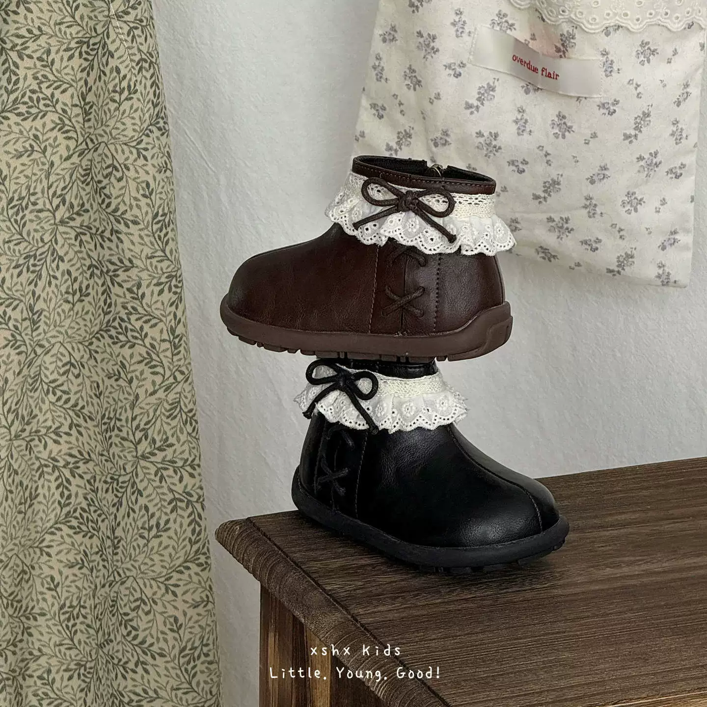 XSHX Bottes Sud France Filles Automne Fermeture latérale Bout large Caoutchouc Semelle épaisse Rétro Lacets