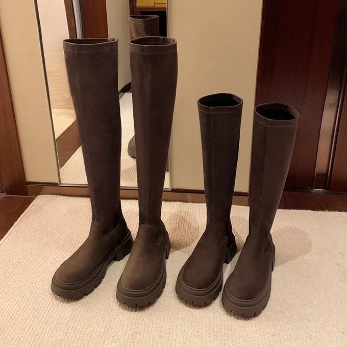 Novas Botas Over-the-Knee Slim de Camurça com Bico Redondo e Sola Grossa para Mulheres - Outono Inverno