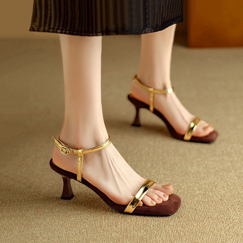 صندال نسائي من Chuyuji بسيط رجعي مع حزام وكعب ستيلتو، مربع الأصابع ومفتوح، فرنسي · MOHE China shoe factory