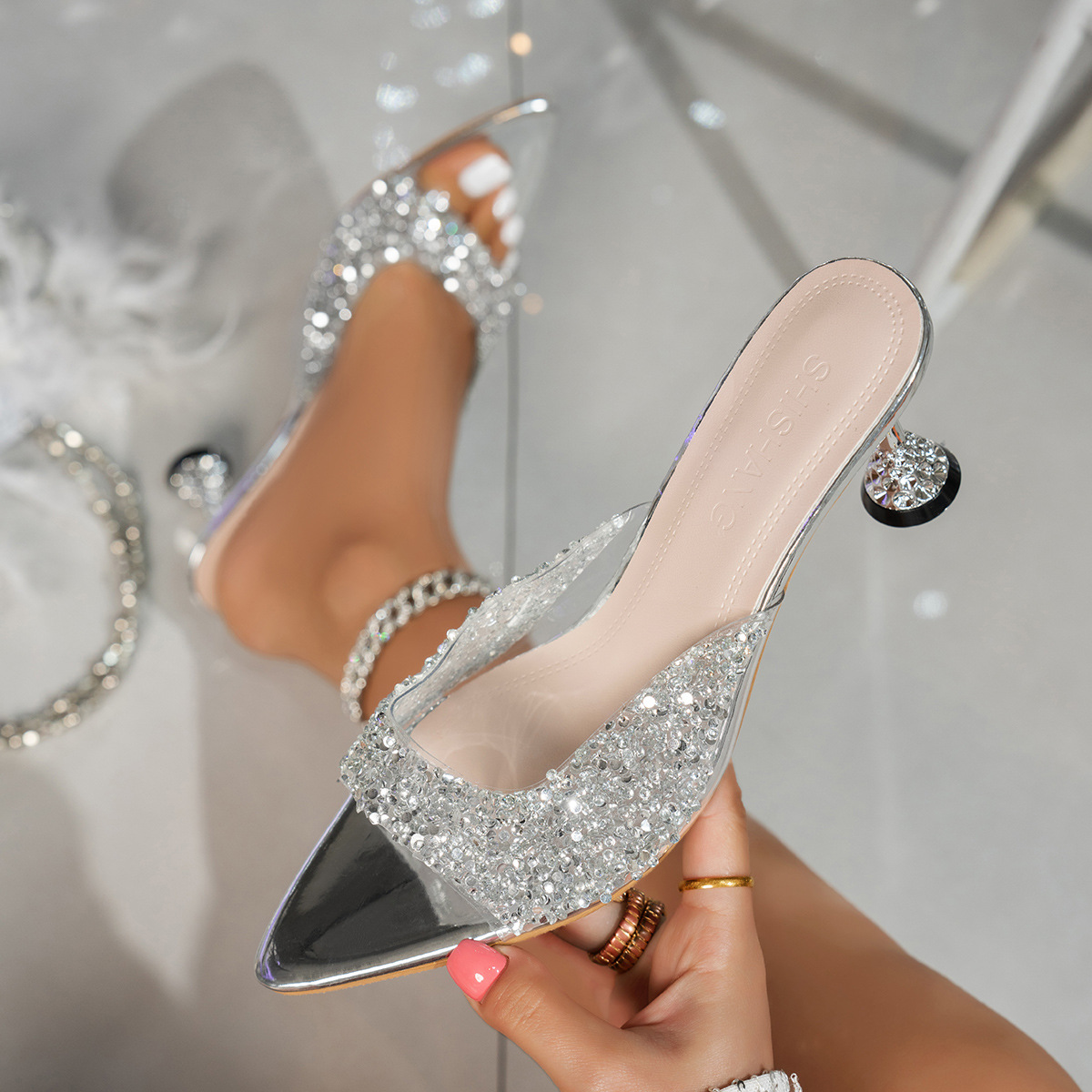 Women's Pointed Toe Rhinestone Heeled Sandals · YANYAN China shoe factory