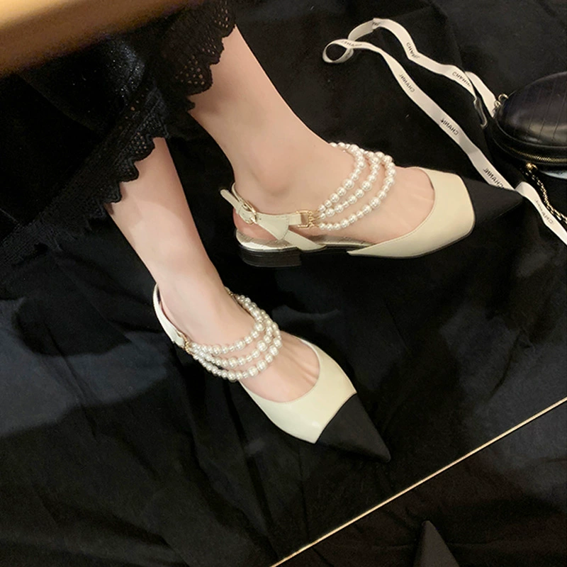 Nouvelles chaussures femme chaîne de perles, bloc de couleur, talon bloc, ouverture orteil, plates, une bride, boucle, bout pointu 360-8