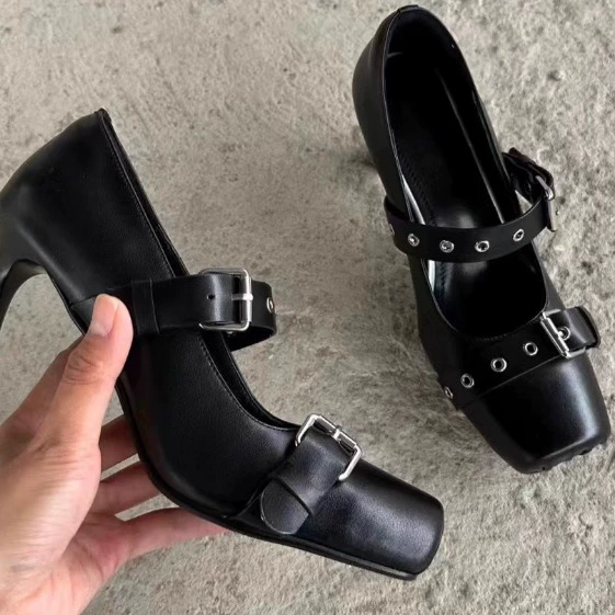 Original Nischen 7cm High Heel Pumps Dunkel Schwein Ballett Schuhe Spicy Girl Kuhhaut High Heel Blocksohle Freizeit