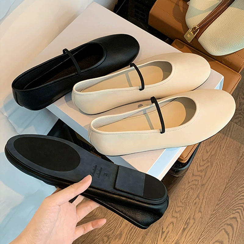 Neue Sommer Retro Weich Runde Spitze Flacher Ausschnitt Dünn Einzelriemen Flach Mary Jane Schuhe Damen Weiß Sneakers