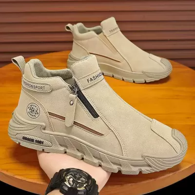 2025 Fall New Side Zipper Mid Top Fashion Work Shoes Men's Thick Sole Slip-On Casual Martin Boots