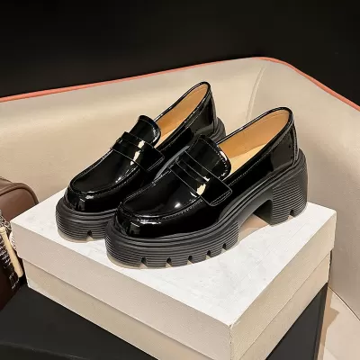 Women's Loafers with 7cm Platform, Patent Leather, Chunky Heel, Slip-On
