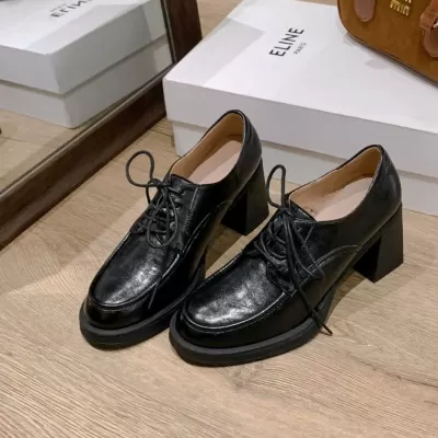 Women's Loafers with 7cm Chunky Heel, Lace-Up, British Style, Office Shoes · YANYAN China shoe factory