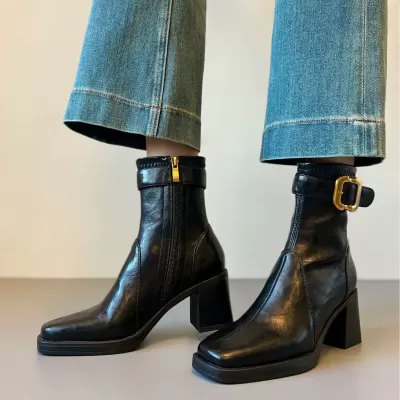 Women's Ankle Boots with 7cm Heel, Square Toe, Chunky Heel, Soft Leather, 2025 · YANYAN China shoe factory