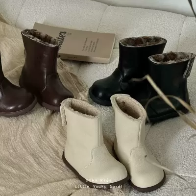 XSHX 2-in-1 Leather Boots for Kids, Waterproof, Warm, Anti-Slip Rubber Sole