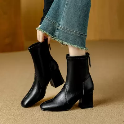 Women's Ankle Boots with Square Toe, Stretch Panel, Chunky Heel, French Style · YANYAN China shoe factory