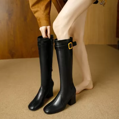 Women's Knee High Boots with 7cm Heel, Gold Buckle, Half Zipper, Riding Boots