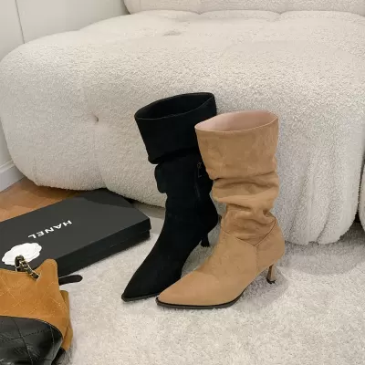 Women's Knee High Boots with Pointed Toe, Slim Fit, Stacked Heel, Khaki, 2025 · YANYAN China shoe factory