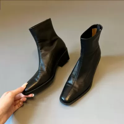 Women's Ankle Boots with Square Toe, Chunky Heel, Back Zipper, Retro Style, 2025 · YANYAN China shoe factory