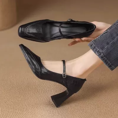 Women's Mary Jane Shoes with Chunky Heel, Square Toe, French Style, Office, 2025 · YANYAN China shoe factory