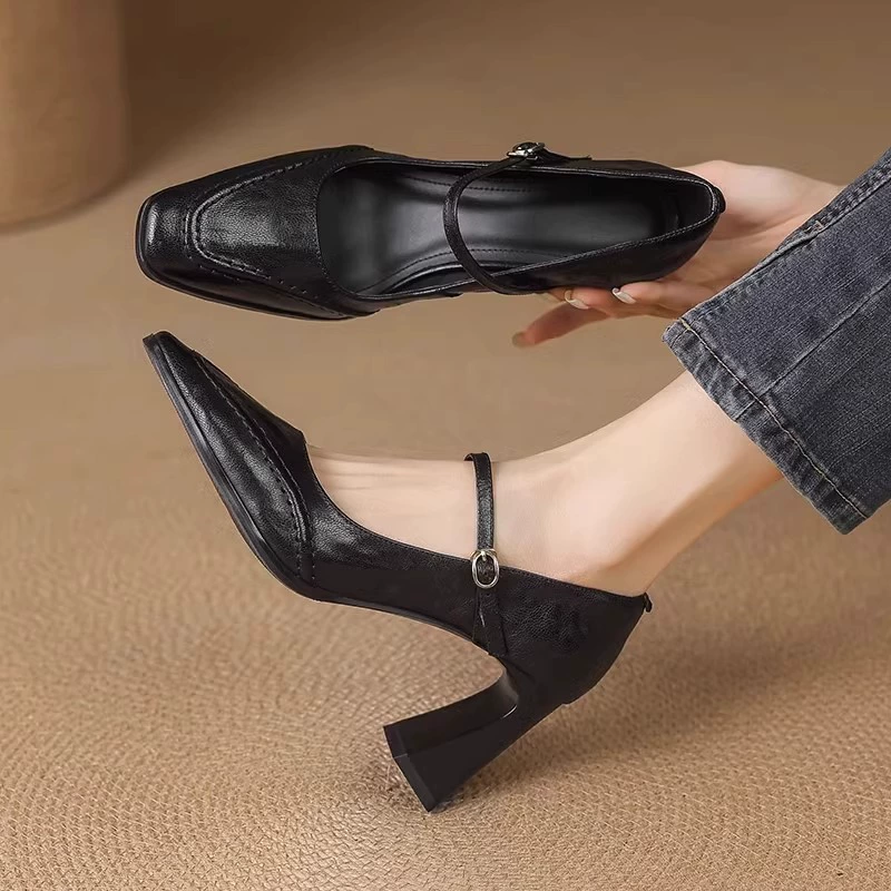 Women's Mary Jane Shoes with Chunky Heel, Square Toe, French Style, Office, 2025