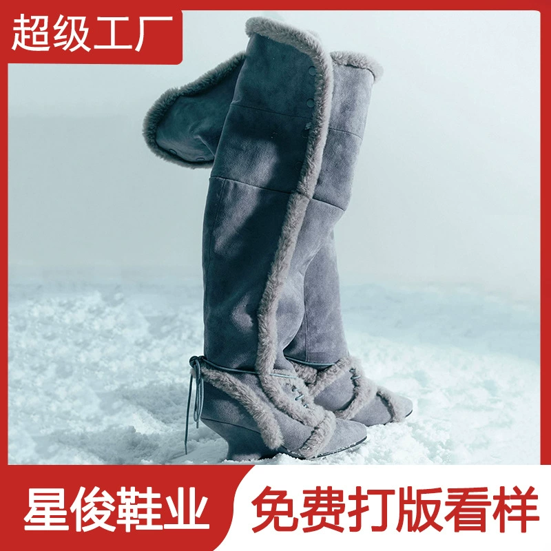 Korean New Fur Lined Wedge Snow Boots for Women, Winter Knee High Two-Way Cotton