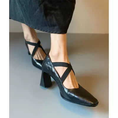 Women's Mary Jane Shoes with Chunky Heel, Cross Strap, Retro Style, 2026 Summer · YANYAN China shoe factory