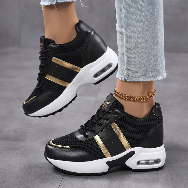 Cross-Border Wobble Shoes Thick Sole Heightening Women's Casual Leather Sports Shoes Black Anti-Slip Women