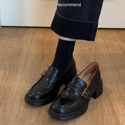 Women's Loafers with Thick Sole, Chunky Heel, British Style, Slip-On, 2025 · YANYAN China shoe factory