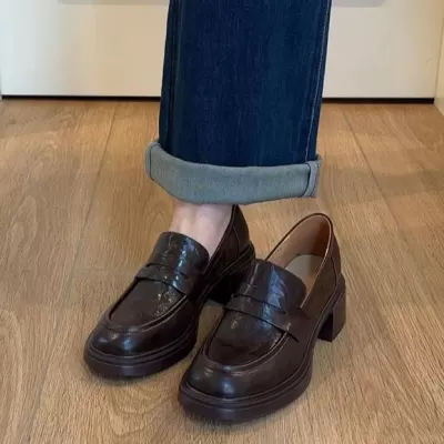 Women's Loafers with Thick Sole, Chunky Heel, British Style, Soft Leather, 2025 · YANYAN China shoe factory
