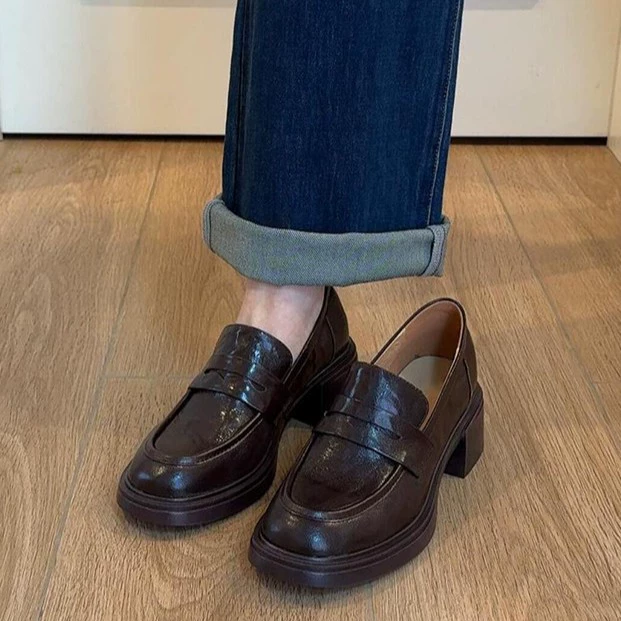 Women's Loafers with Thick Sole, Chunky Heel, British Style, Soft Leather, 2025