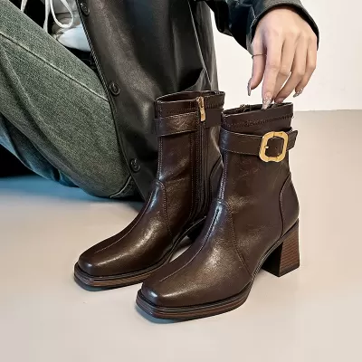 Women's Ankle Boots with Square Toe, Chunky Heel, Thick Sole, Martin Style · YANYAN China shoe factory