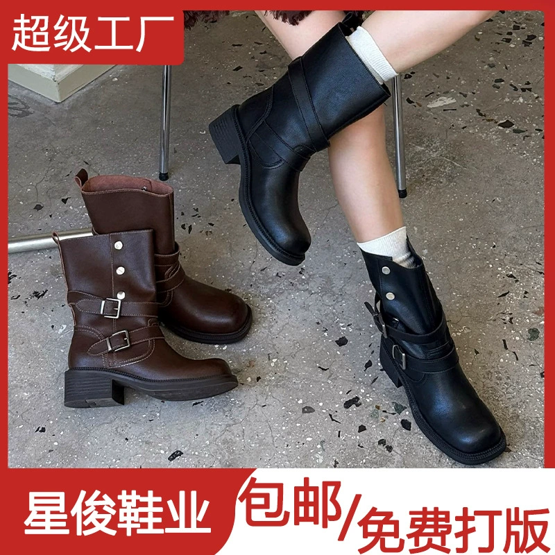 Retro British double buckle马丁 boots women winter 2025 fashion mid-calf western骑士厚底