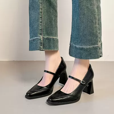 Women's Mary Jane Shoes with Square Toe, Chunky Heel, French Style, 2025 New · YANYAN China shoe factory