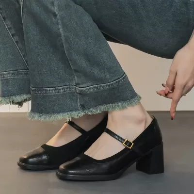 Women's Mary Jane Shoes with Chunky Heel, French Style, Soft Leather, 2026 New · YANYAN China shoe factory