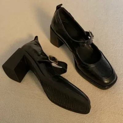 Soft Leather Korean Retro Women's Square Toe Mary Jane Heels Black · YANYAN China shoe factory