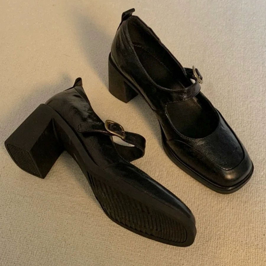Soft Leather Korean Retro Women's Square Toe Mary Jane Heels Black