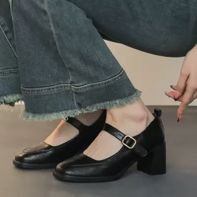 Chunky Heel Mary Jane Shoes Women Spring New Square Toe Strap High Heel · YANYAN China shoe factory
