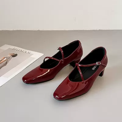 Soft Leather French Red Mary Jane Shoes Women Square Toe Chunky Heel · YANYAN China shoe factory