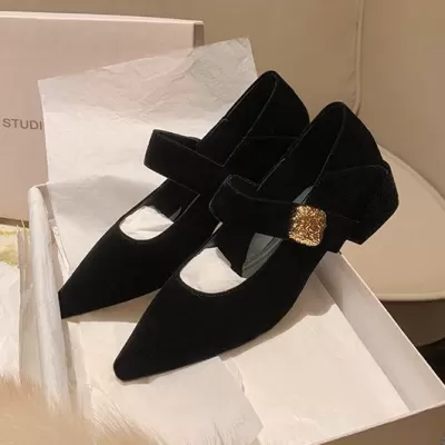 Spring New 3.5cm Chunky Heel Elegant Pointed Toe Mary Jane Shoes Velvet · YANYAN China shoe factory