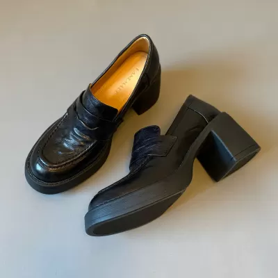 2026 Spring New Retro High Heel Loafers Silent Sole Genuine Leather Round · YANYAN China shoe factory