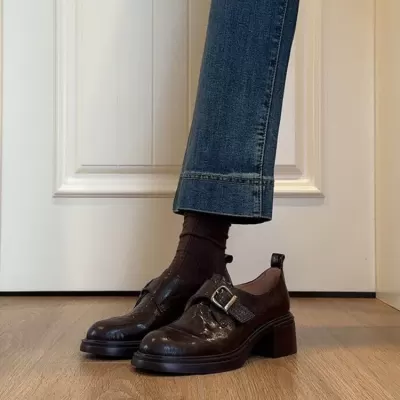 Soft Leather Retro Belt Buckle Loafers Women Simple Office Chunky Heel