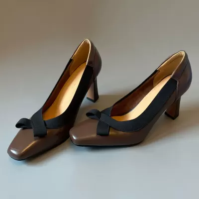 Stiletto Heel Soft Leather Bow Square Toe Women's High Heel Shoes Luxury · YANYAN China shoe factory