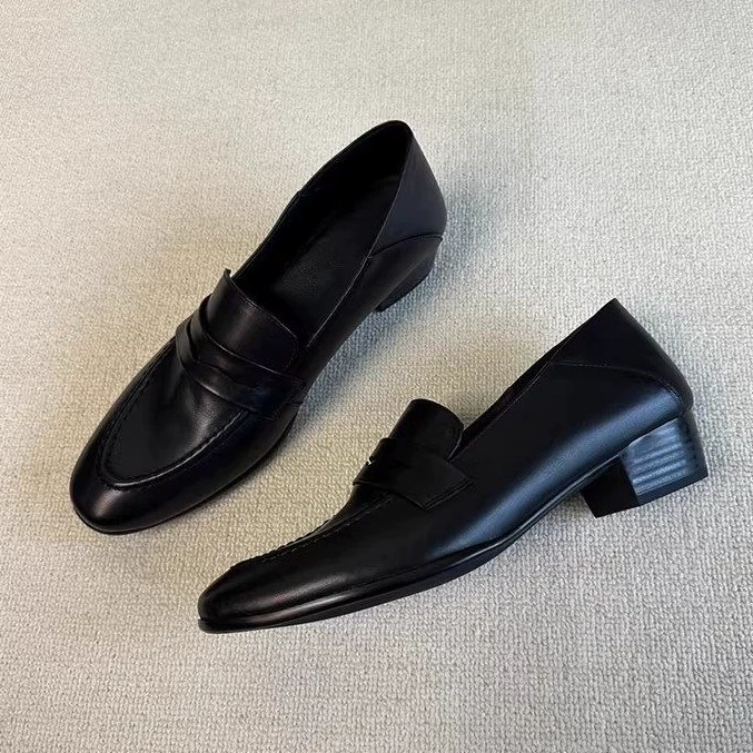 British Retro Loafers Women Slip-on Simple Chunky Heel Round Toe
