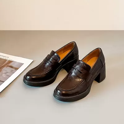 2026 Spring New British Loafers Women Black Chunky Heel Thick Sole Office · YANYAN China shoe factory