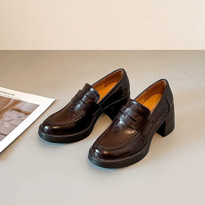 2026 Spring New British Loafers Women Black Chunky Heel Thick Sole Office