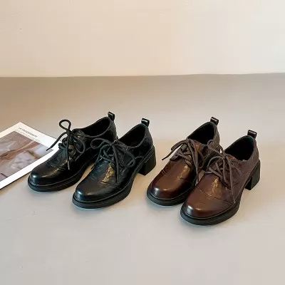 Retro Thick Sole Chunky Heel Lace-up Loafers Women 2026 Winter Soft · YANYAN China shoe factory