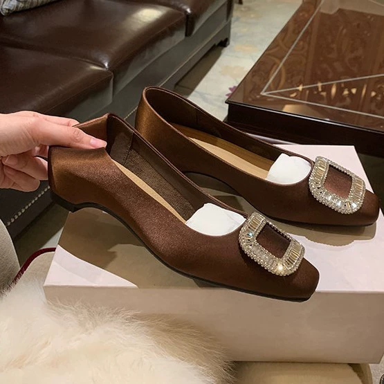 2026 New 3cm Hidden Heel Sparkle Buckle Square Toe Satin Shoes Women