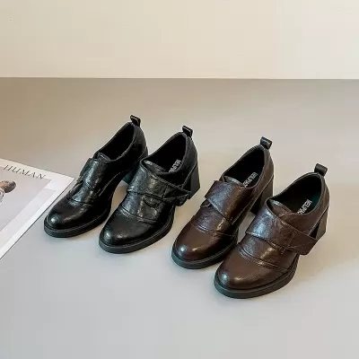 Soft Leather French Deep Mouth Magic Tape High Heel Loafers Women Round · YANYAN China shoe factory